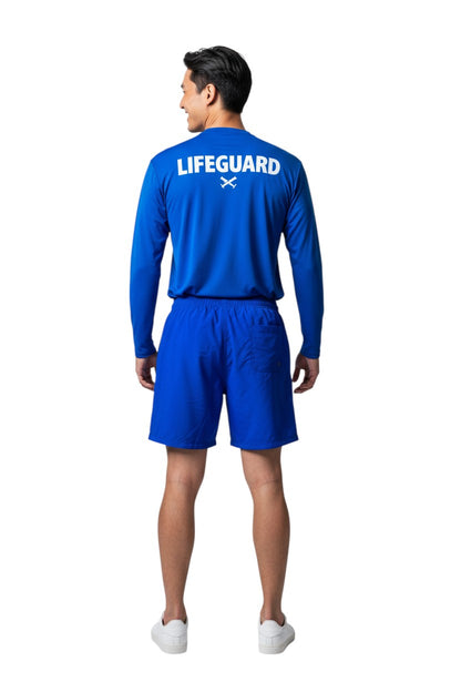 The Lifeguard Store YMCA Kiefer Instructor Board Short in royal blue polyester with elastic waistband and cargo pocket.