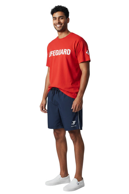 The Lifeguard Store YMCA Kiefer Instructor navy blue polyester board shorts with white piping and logo.