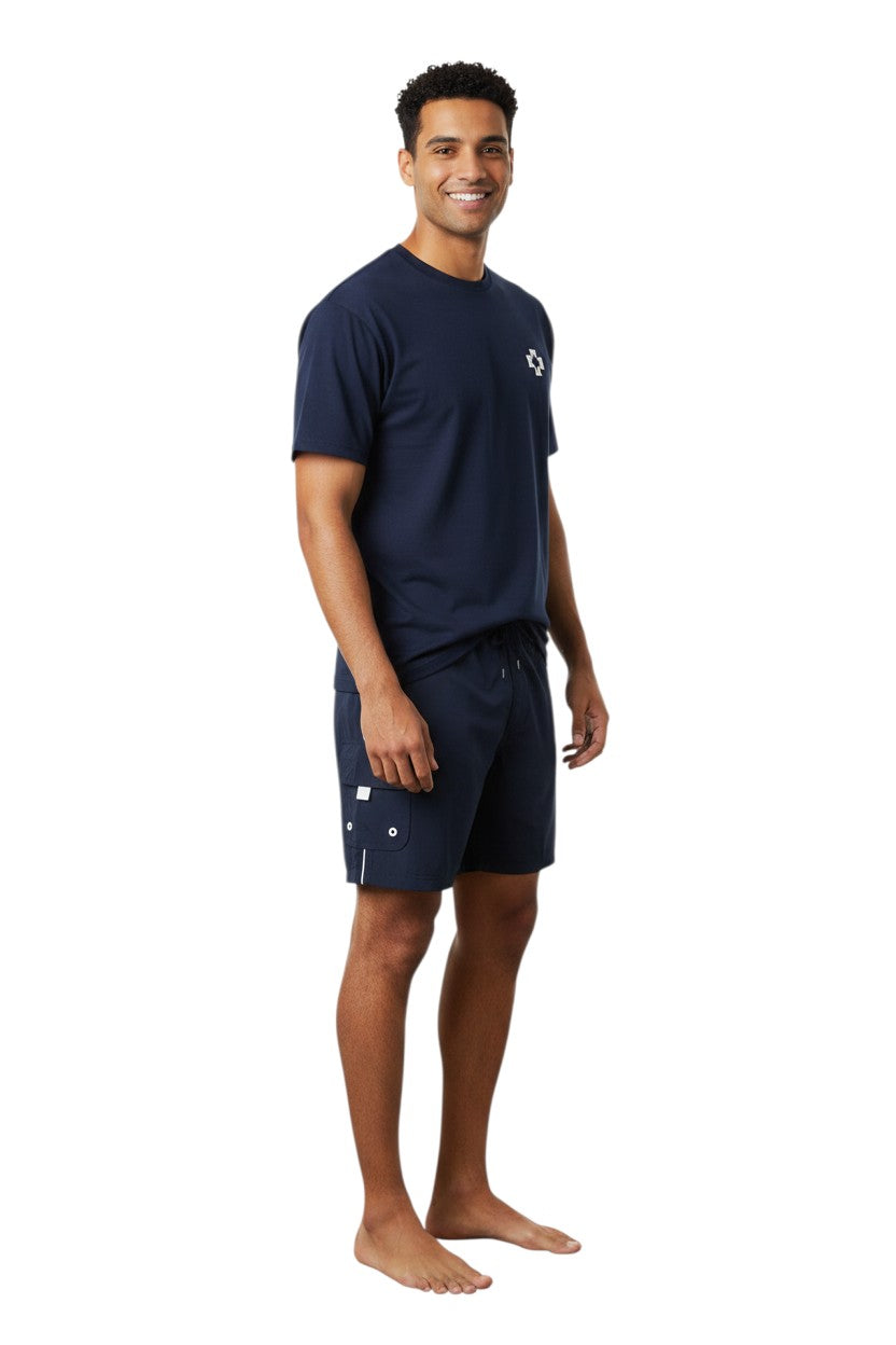 The Lifeguard Store YMCA Kiefer Instructor Board Shorts in navy polyester with white piping and cargo pocket.