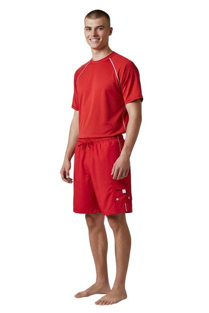 The Lifeguard Store YMCA Kiefer Instructor Board Shorts in red polyester with white trim, drawstring, and cargo pocket.