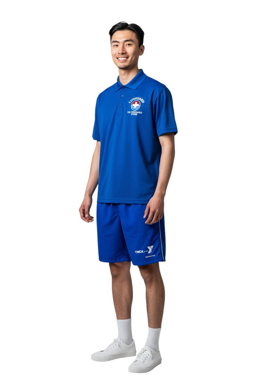 The Lifeguard Store YMCA Kiefer Instructor board shorts in royal blue polyester with white piping and drawstring.