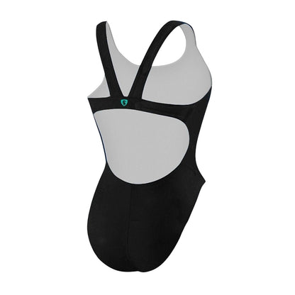 The Lifeguard Store YMCA Kiefer Instructor MB-Back one piece swimsuit in black with teal logo detail. Features UPF 50+ protection.