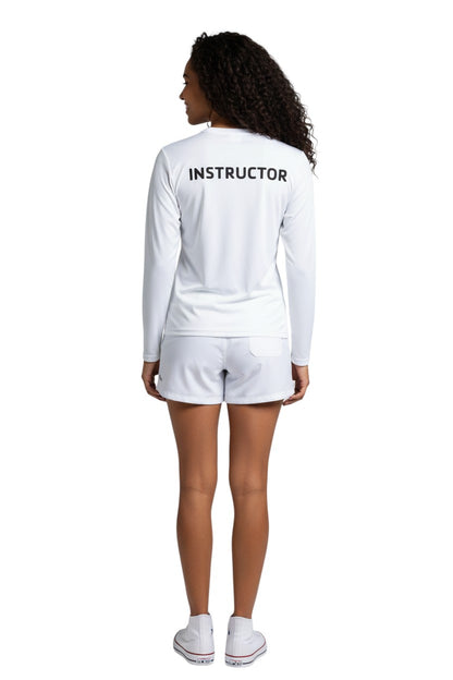 The Lifeguard Store YMCA Kiefer Instructor long sleeve crewneck rashguard in white polyester-spandex blend with UPF50+ protection.