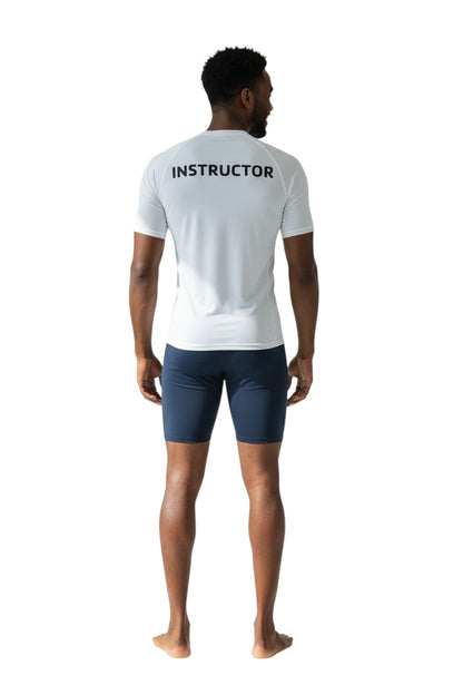 The Lifeguard Store YMCA Kiefer Instructor short-sleeve rashguard in white polyester-spandex blend with UPF50+ protection.
