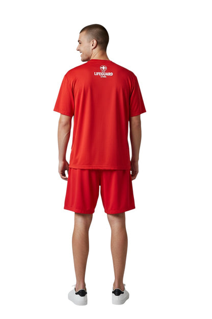 The Lifeguard Store YMCA Kiefer Instructor red polyester shorts with elastic waistband and drawstring, 7" inseam.
