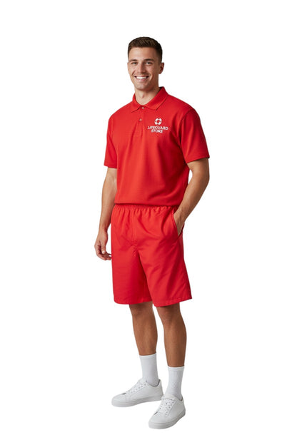 The Lifeguard Store YMCA Kiefer Instructor red polyester shorts with elastic waistband and drawstring, 7" inseam.