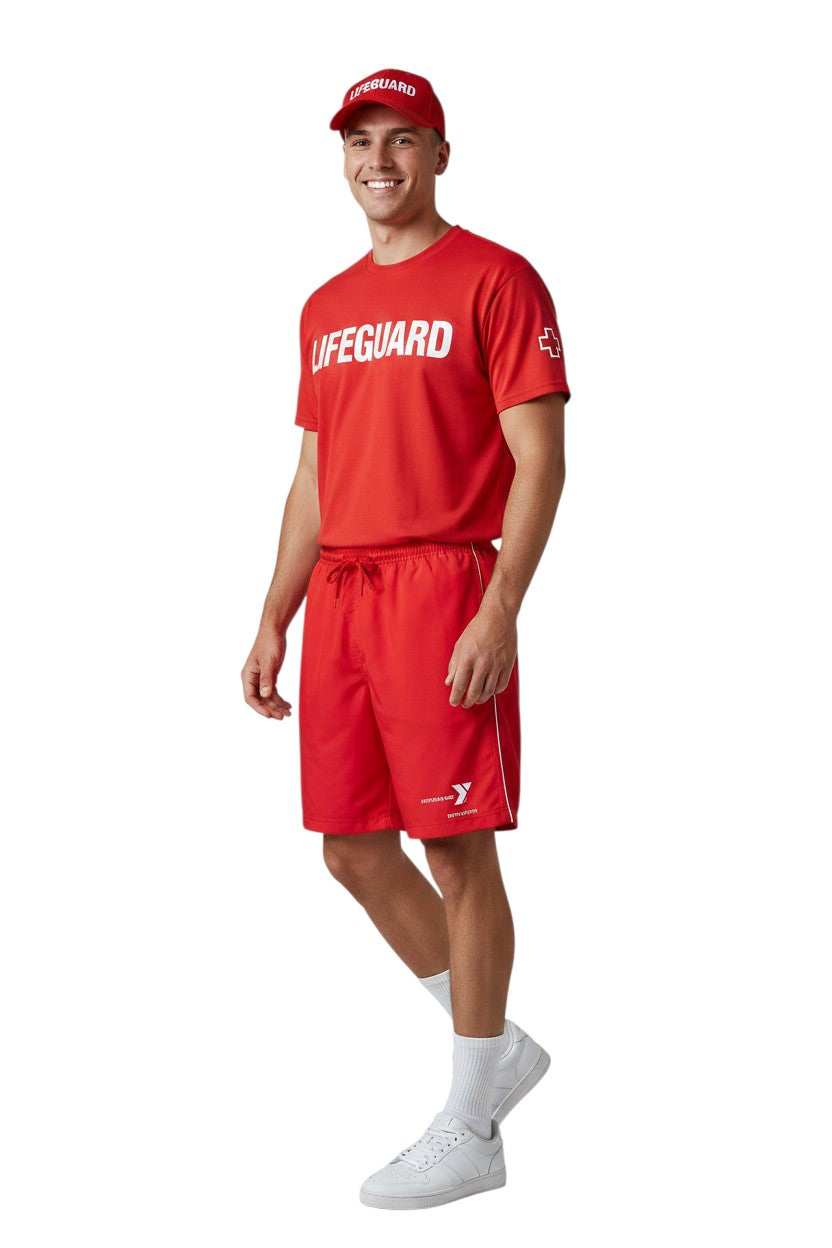 The Lifeguard Store YMCA Kiefer Instructor red polyester shorts with white trim and drawstring. Features YMCA logo.