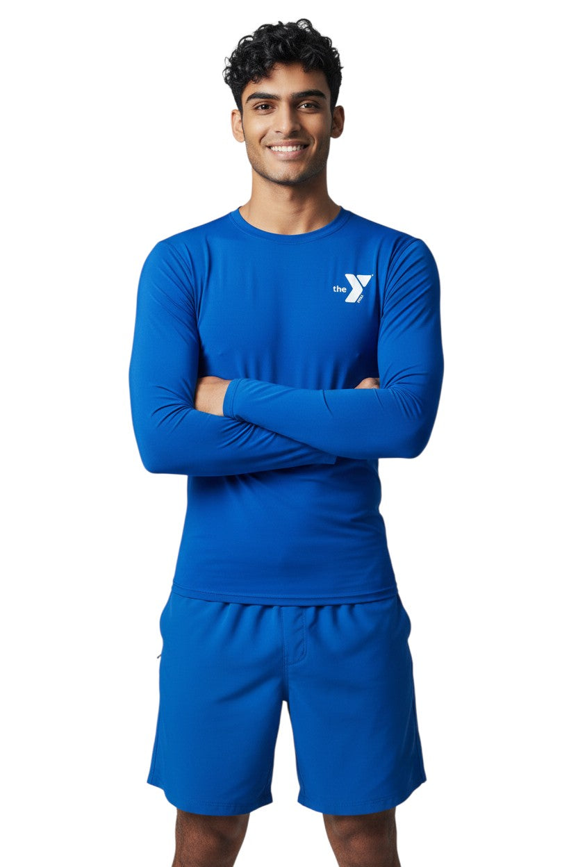 The Lifeguard Store YMCA Kiefer long sleeve crewneck rashguard in royal blue. Made of 91% polyester and 9% spandex with UPF50+ UV protection.