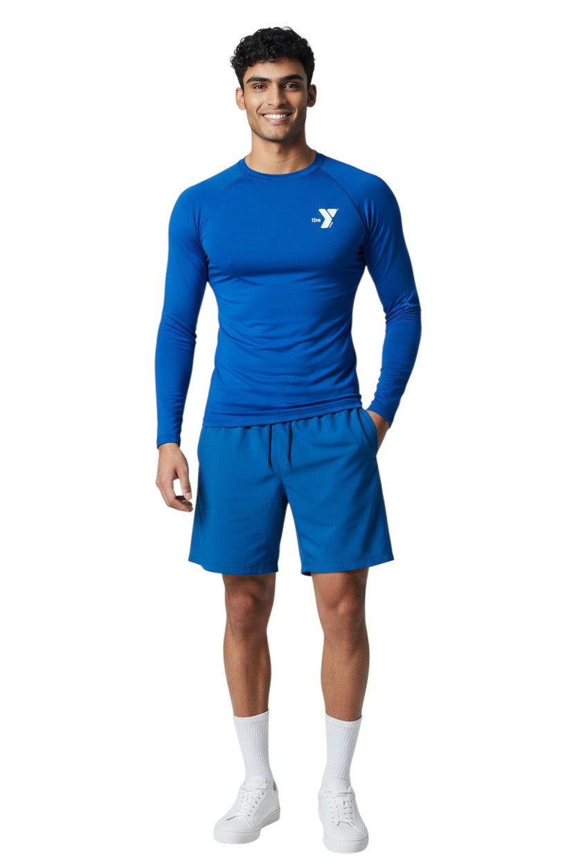 The Lifeguard Store YMCA Kiefer long sleeve crewneck rashguard in royal blue, made of polyester and spandex with UPF50+ protection.