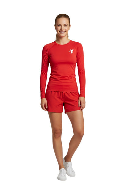 The Lifeguard Store YMCA Kiefer long-sleeve rashguard in red polyester-spandex with UPF50+ protection.