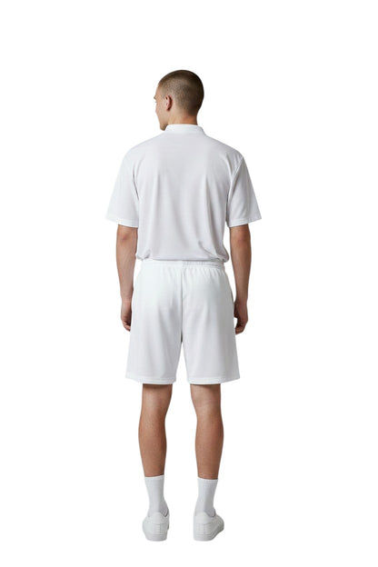 The Lifeguard Store white polyester polo shirt with YMCA Swim Official logo on back. Men's athletic wear.