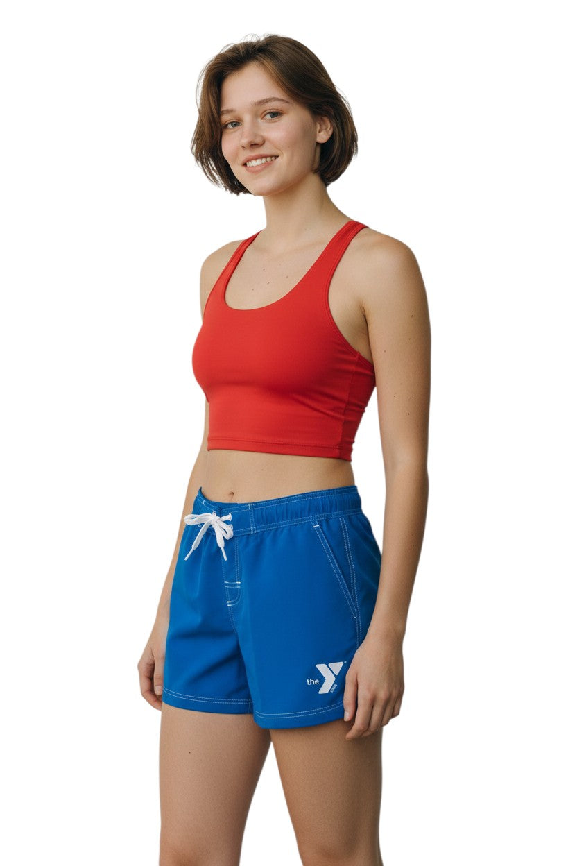 The Lifeguard Store blue polyester YMCA shorts with 5" inseam, elastic waistband, drawstring, and side pocket.