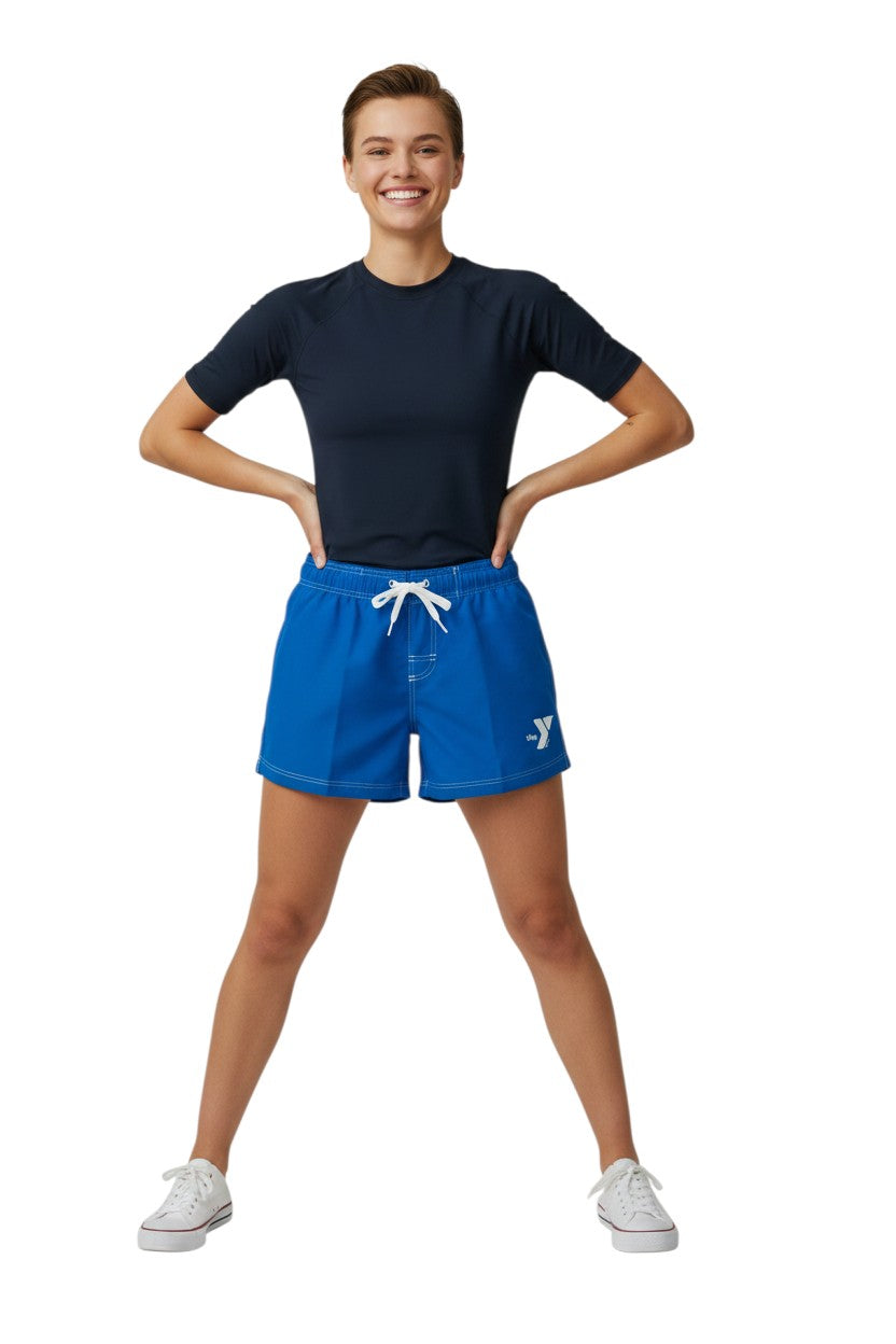 The Lifeguard Store blue polyester YMCA shorts with 5" inseam, elastic waistband, drawstring, and side pocket.