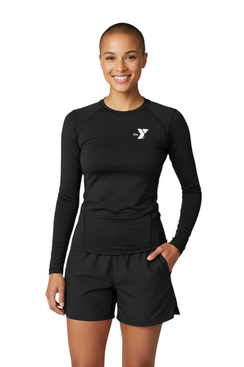 The Lifeguard Store YMCA Kiefer long-sleeve rashguard in black polyester-spandex with UPF50+ protection.