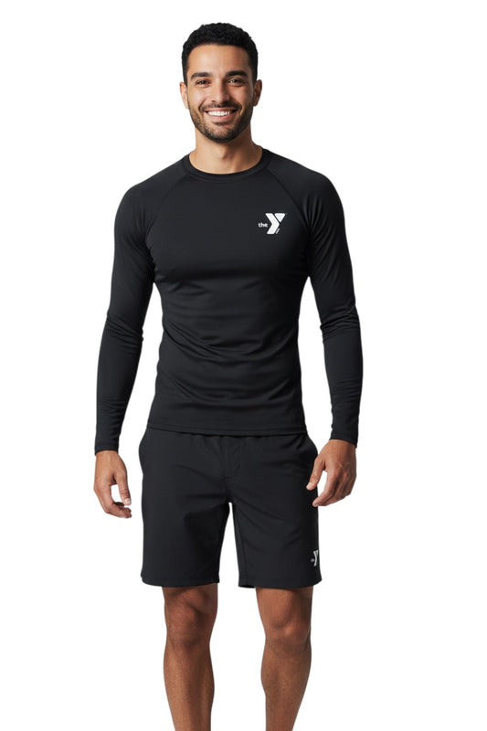 The Lifeguard Store YMCA Kiefer long sleeve rashguard, black, polyester-spandex blend, UPF50+ UV protection, quick-dry.