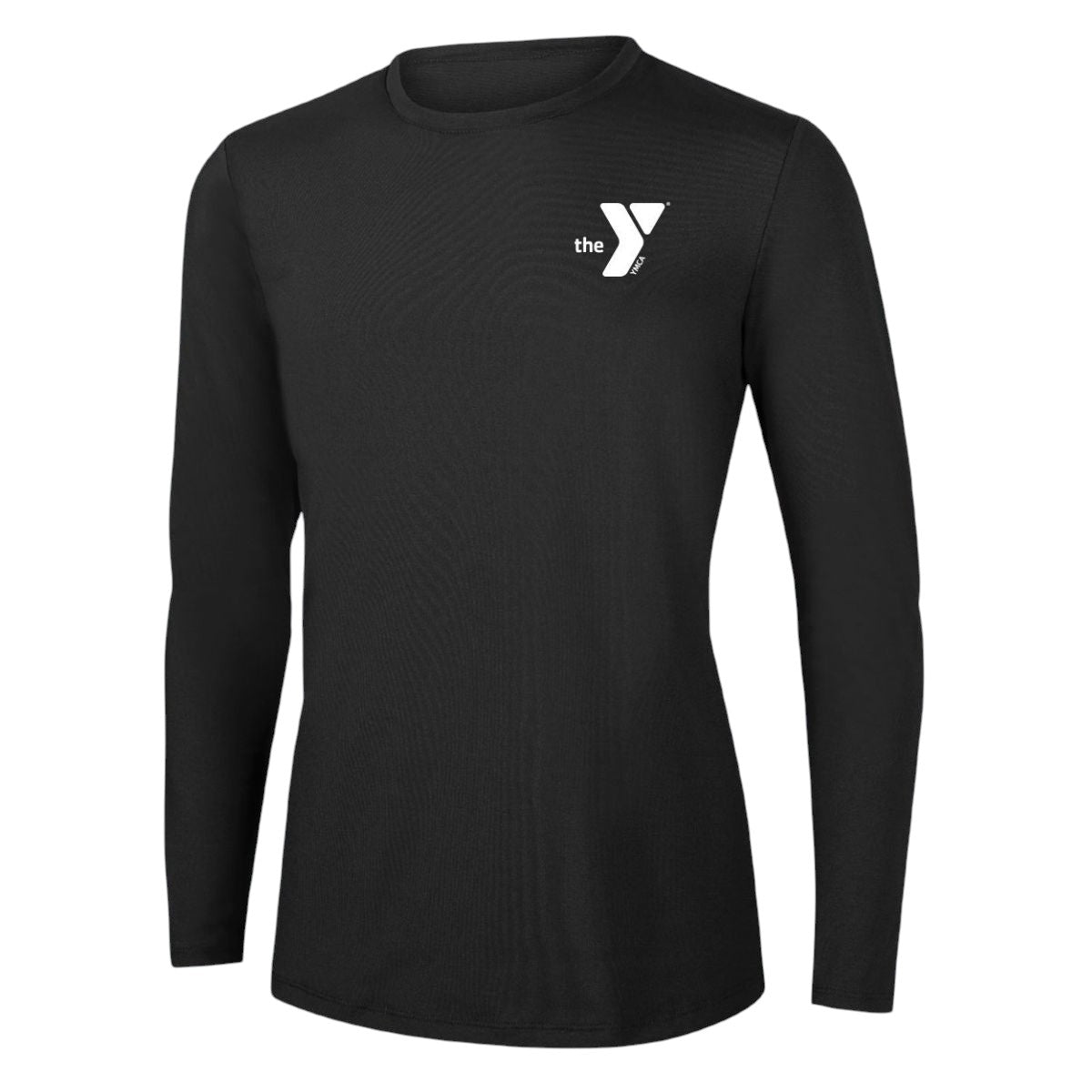 The Lifeguard Store YMCA Kiefer long-sleeve rashguard in black polyester-spandex blend with UPF50+ protection.