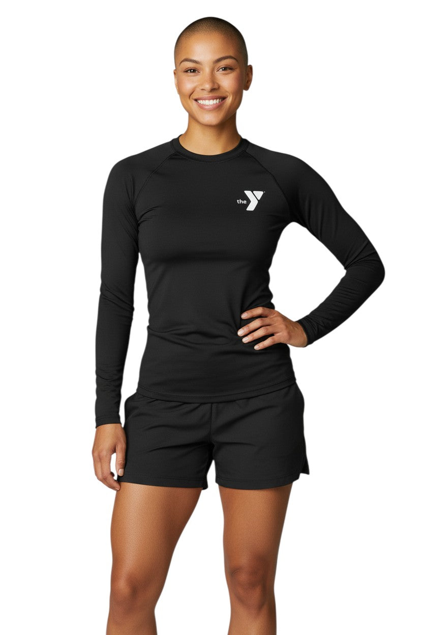 The Lifeguard Store YMCA Kiefer long-sleeve rashguard in black, made of 91% polyester and 9% spandex with UPF50+ UV protection.