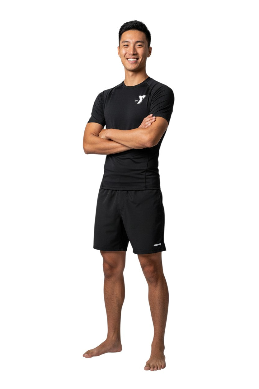 The Lifeguard Store YMCA Kiefer S/S Crewneck Rashguard, black polyester-spandex blend with UPF 50+ protection.