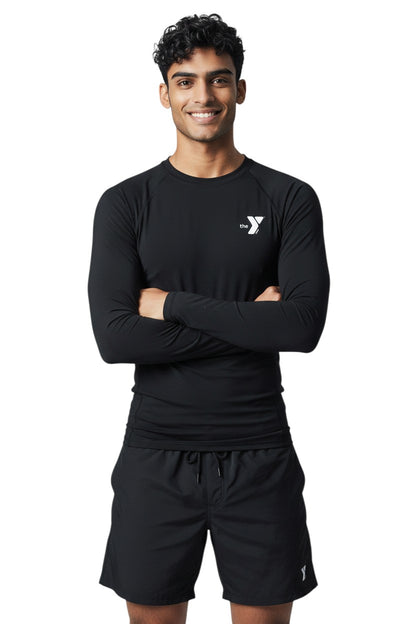 The Lifeguard Store YMCA Kiefer long-sleeve rashguard in black, made of polyester and spandex with UPF50+ protection.