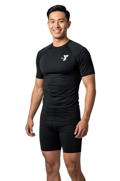 The Lifeguard Store YMCA Kiefer S/S Crewneck Rashguard in black polyester-spandex blend with UPF50+ protection.