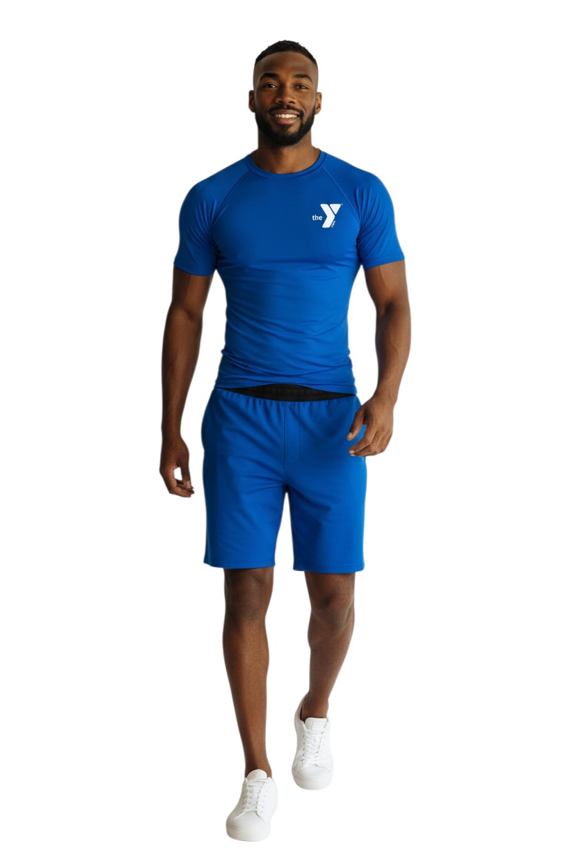 The Lifeguard Store YMCA Kiefer S/S Crewneck Rashguard in royal blue, made of polyester and spandex with UPF50+ protection.