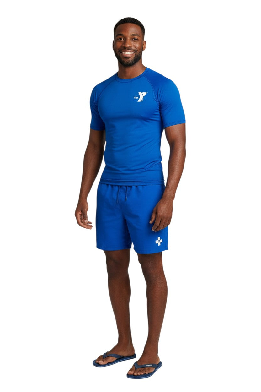 The Lifeguard Store YMCA Kiefer S/S Crewneck Rashguard in royal blue, made of polyester and spandex with UPF50+ protection.