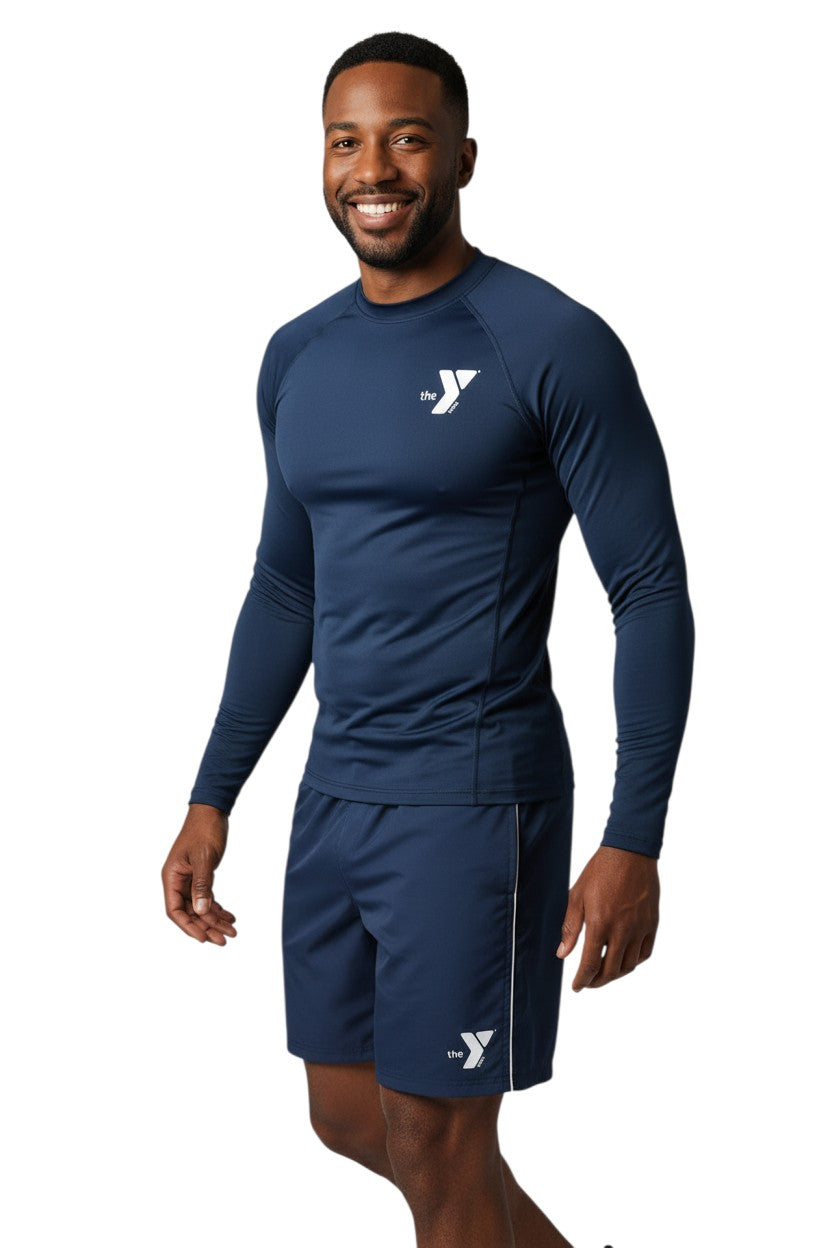 The Lifeguard Store YMCA Kiefer long sleeve navy blue rashguard with UPF50+ protection. Made of 91% polyester/9% spandex.