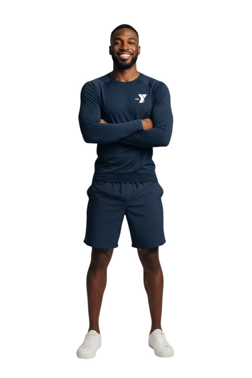 The Lifeguard Store YMCA Kiefer long sleeve navy blue rashguard with UPF 50+ protection, made of polyester and spandex.