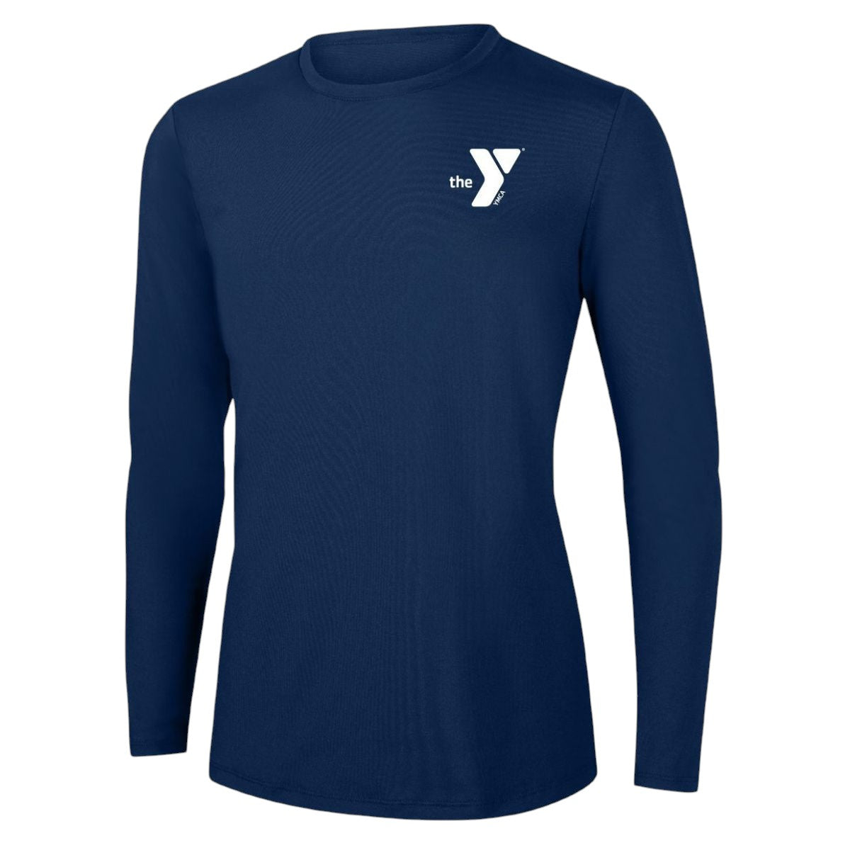 The Lifeguard Store YMCA Kiefer L/S Crewneck Rashguard in navy blue polyester-spandex blend with UPF50+ protection.