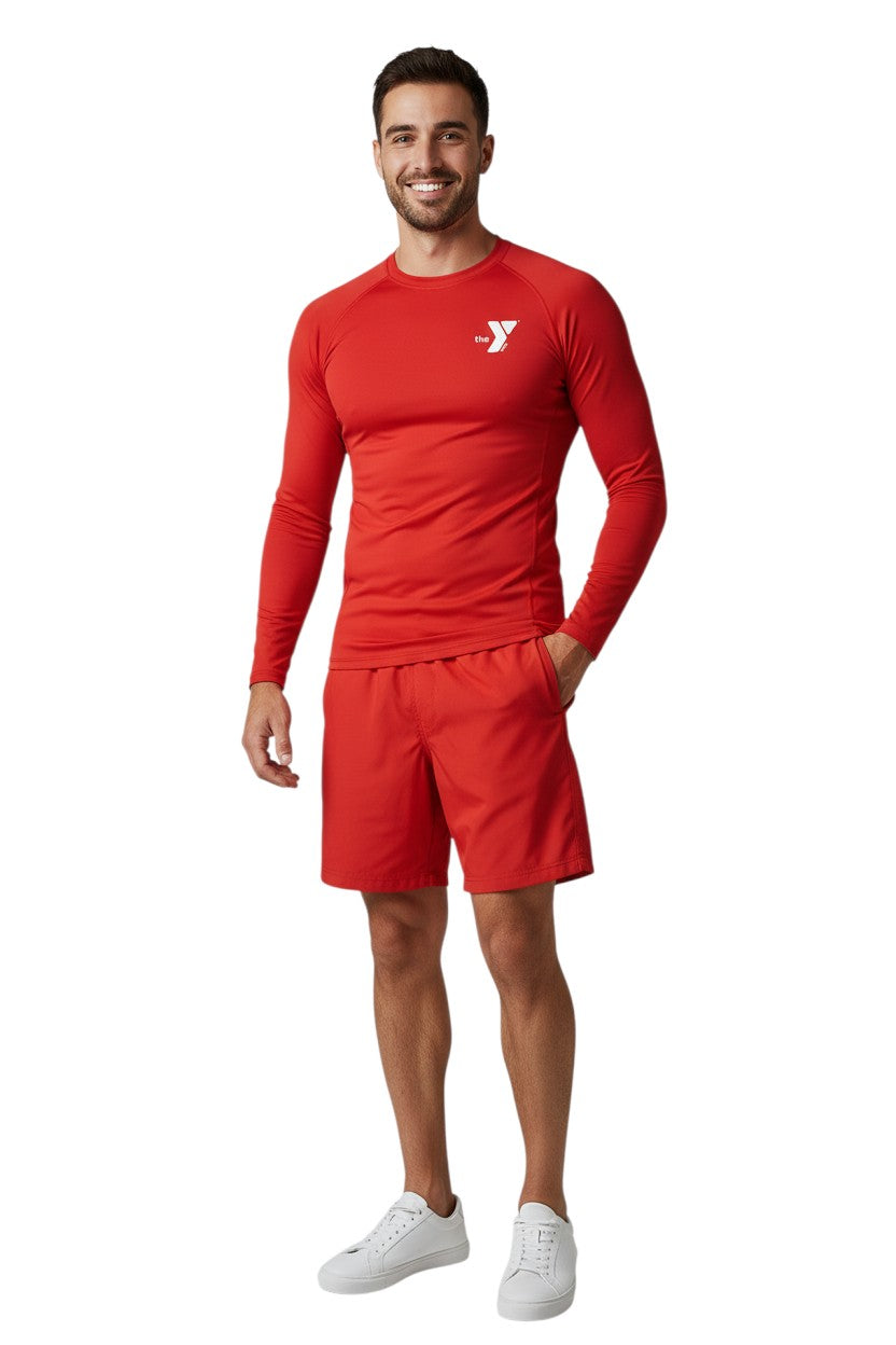The Lifeguard Store YMCA Kiefer long-sleeve rashguard in red polyester-spandex with UPF50+ protection.