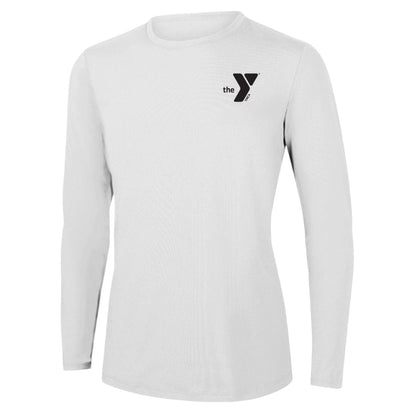 The Lifeguard Store white long sleeve crewneck rashguard with YMCA logo on chest. Made of polyester and spandex.
