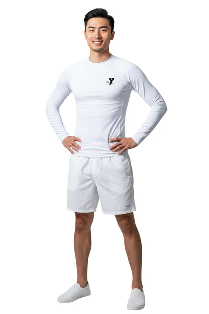 The Lifeguard Store white long sleeve crewneck rashguard with YMCA logo on chest. Made of polyester and spandex for UPF 50+ protection.