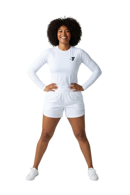 The Lifeguard Store white long sleeve crewneck rashguard with YMCA logo on chest. Made of polyester and spandex.
