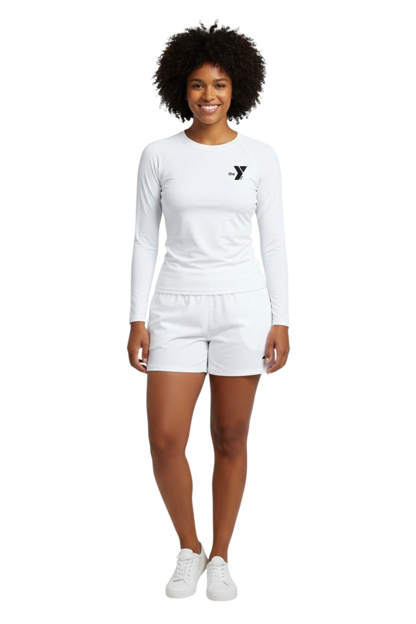 The Lifeguard Store white long-sleeve crewneck rashguard with YMCA logo on chest. Made of polyester and spandex for UPF 50+ protection.