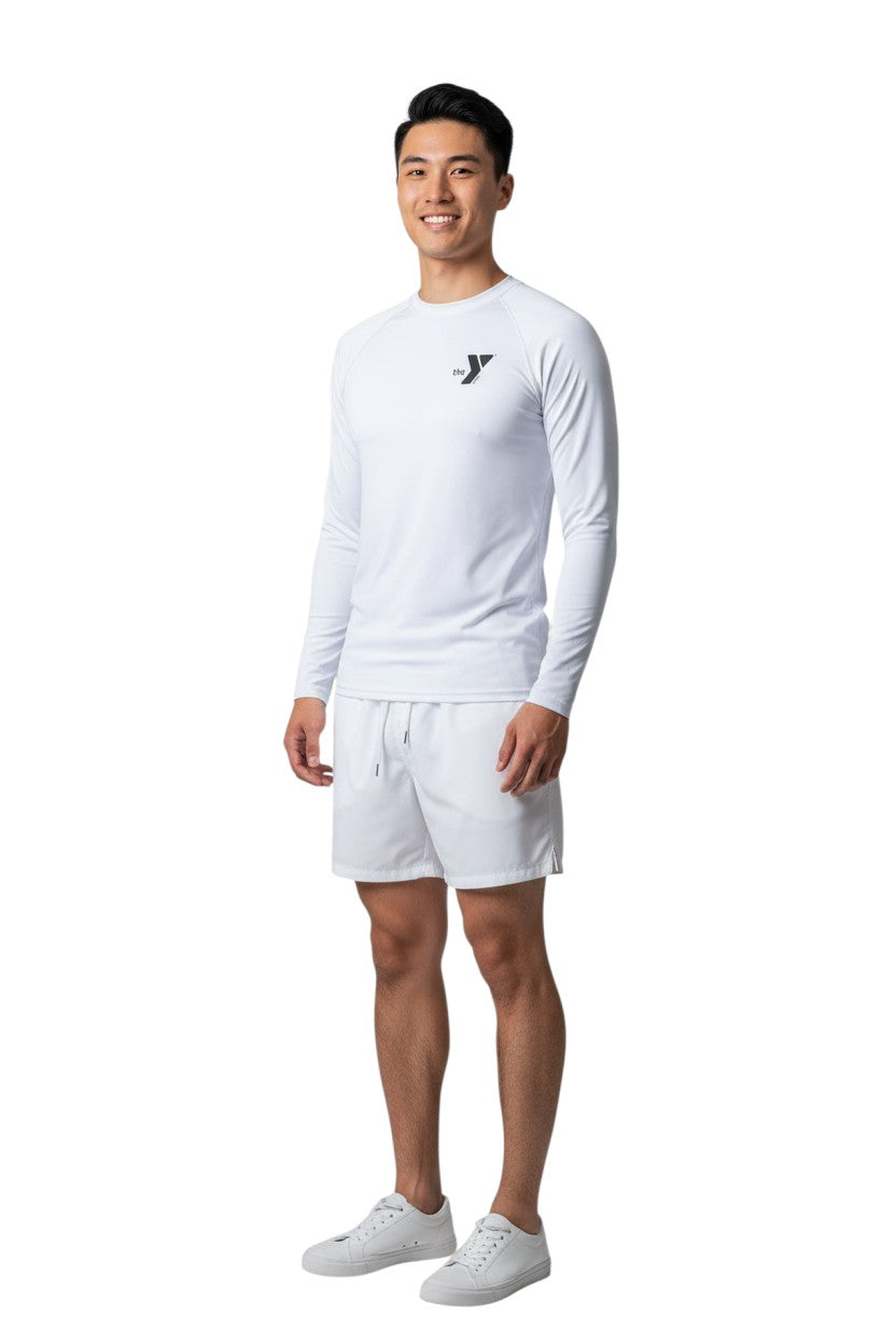 The Lifeguard Store white long sleeve crewneck rashguard with YMCA logo on chest. Made of polyester and spandex.