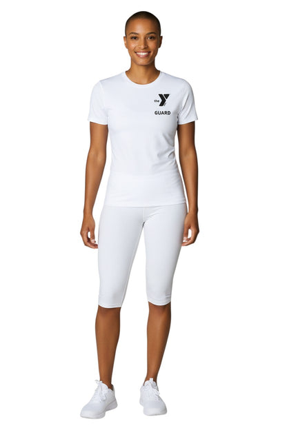 The Lifeguard Store YMCA Kiefer Guard S/S Crewneck Rashguard, white polyester-spandex blend with UPF50+ protection.