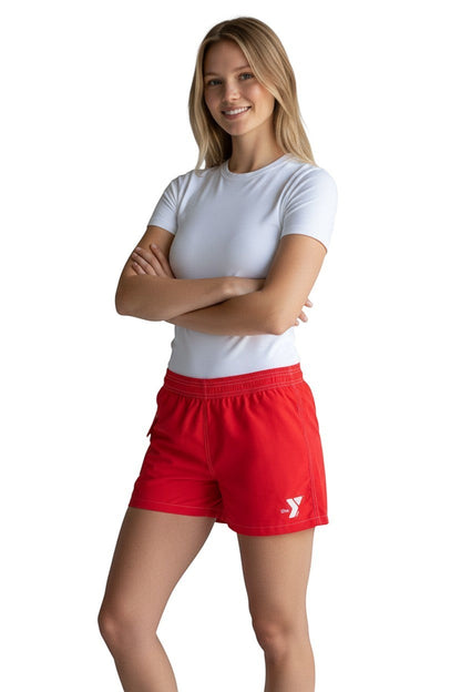 The Lifeguard Store YMCA red polyester-spandex board shorts with side pocket and elastic waistband.