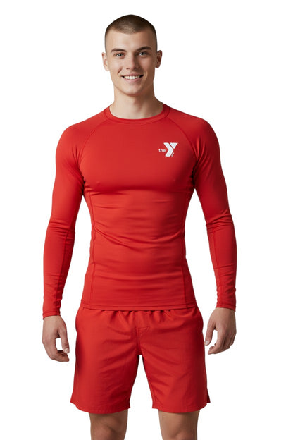 The Lifeguard Store YMCA Kiefer long-sleeve red rashguard with UPF 50+ protection, made of polyester and spandex.