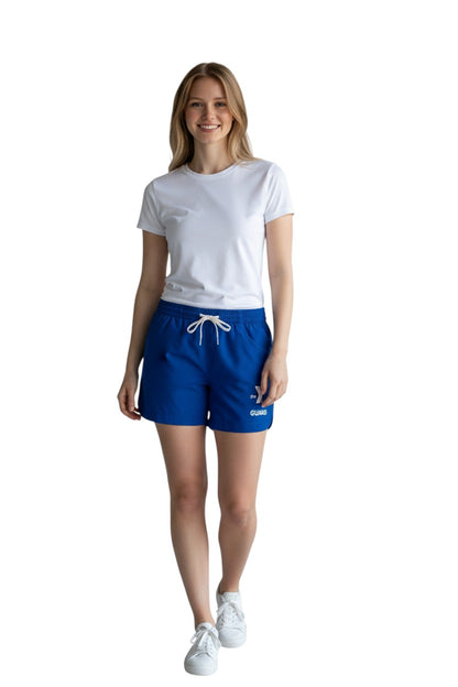 The Lifeguard Store YMCA Roll Short in royal blue polyester with white drawstring and logo. Features quick-dry fabric and UPF 30+ protection.