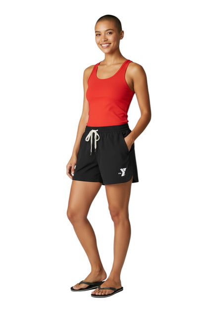 The Lifeguard Store black polyester YMCA roll shorts with elastic waistband, drawstring, and two front pockets. UPF30+.