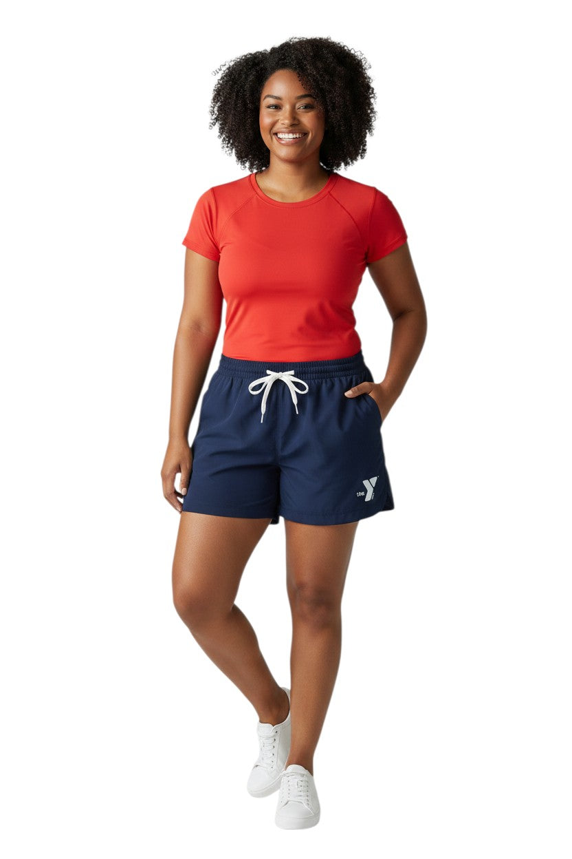 The Lifeguard Store YMCA navy blue polyester roll shorts with white drawstring and pockets.