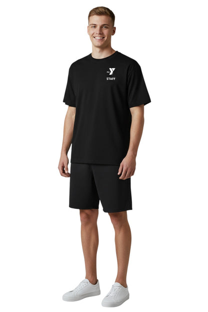 The Lifeguard Store black polyester Dri-Fit t-shirt with white YMCA Staff logo on chest.