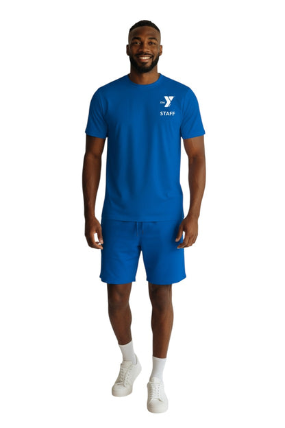 The Lifeguard Store blue polyester Dri-Fit t-shirt with white YMCA Staff logo on chest.