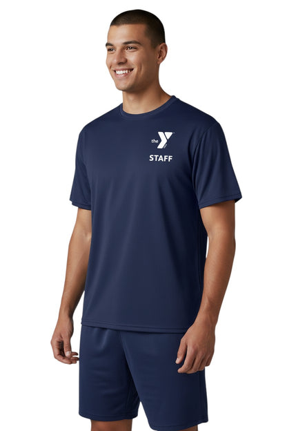 The Lifeguard Store navy blue polyester YMCA staff Dri-Fit t-shirt with white logo on chest.