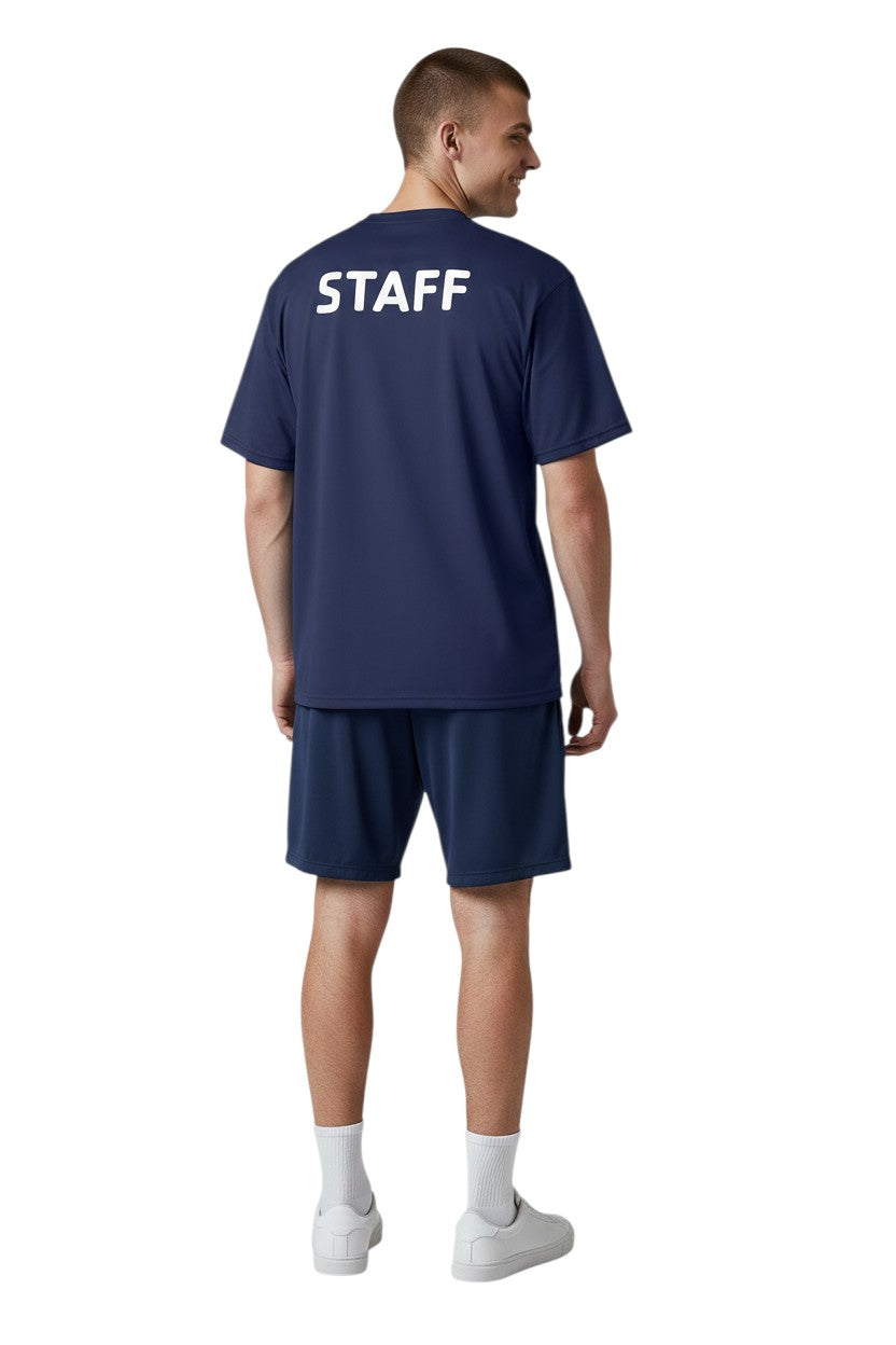 The Lifeguard Store navy blue polyester Dri-Fit t-shirt with white STAFF logo on back. Short sleeves, crew neck.
