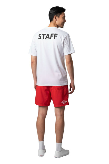 The Lifeguard Store white polyester Dri-Fit t-shirt with black STAFF logo on back. Short sleeves, crew neck.