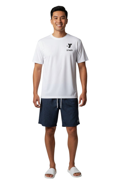 The Lifeguard Store white polyester Dri-Fit t-shirt with YMCA Staff logo on chest.