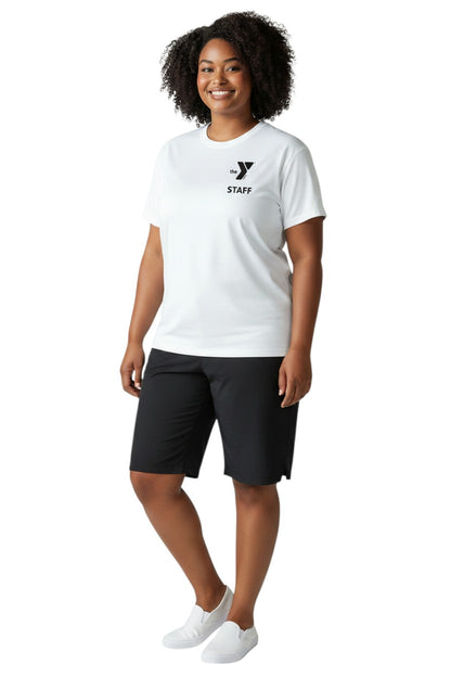 The Lifeguard Store white polyester Dri-Fit t-shirt with YMCA Staff logo on chest.