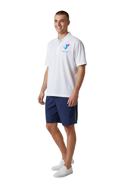 The Lifeguard Store white polyester Dri-Fast polo shirt with YMCA Swim Official logo on chest. Short sleeves, collared, button front.