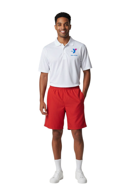The Lifeguard Store white polyester Dri-Fast polo shirt with YMCA Swim Official logo on chest.
